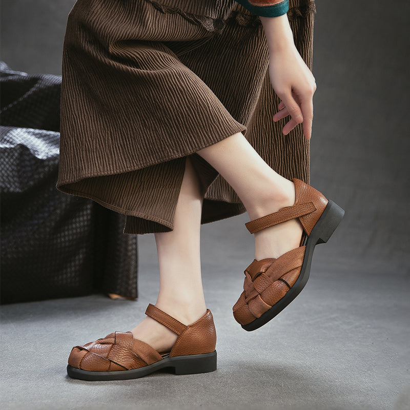 Sandales Mary Jane tissées rétro à bout fermé en cuir avec velcro pour femmes en noir/marron