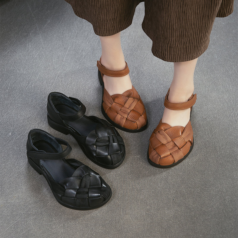 Sandales Mary Jane tissées rétro à bout fermé en cuir avec velcro pour femmes en noir/marron