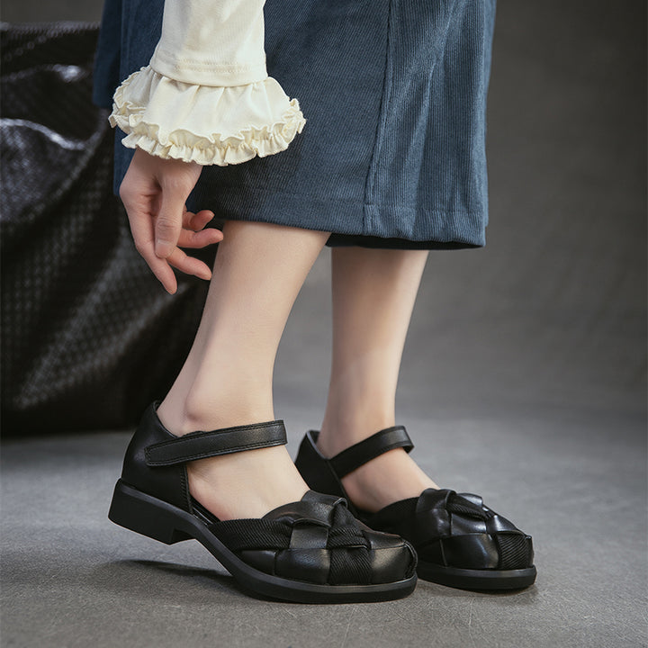 Sandales Mary Jane tissées rétro à bout fermé en cuir avec velcro pour femmes en noir/marron