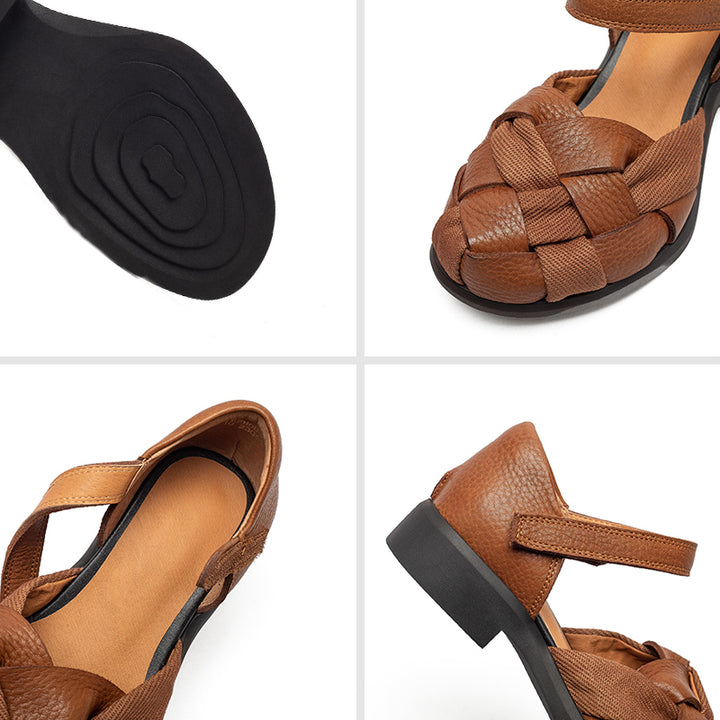 Sandales Mary Jane tissées rétro à bout fermé en cuir avec velcro pour femmes en noir/marron