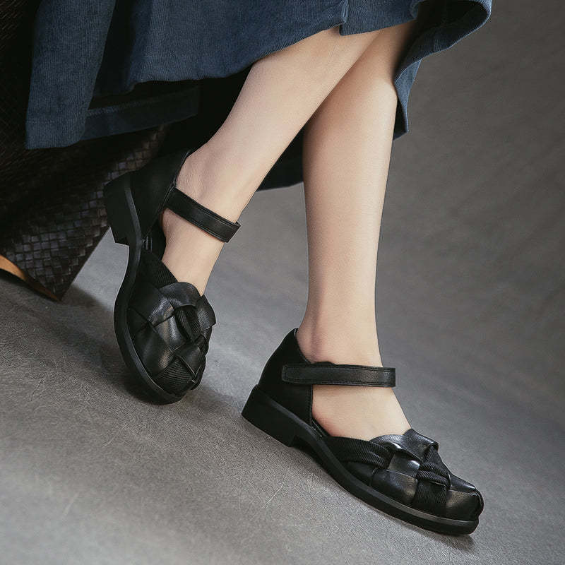 Sandales Mary Jane tissées rétro à bout fermé en cuir avec velcro pour femmes en noir/marron