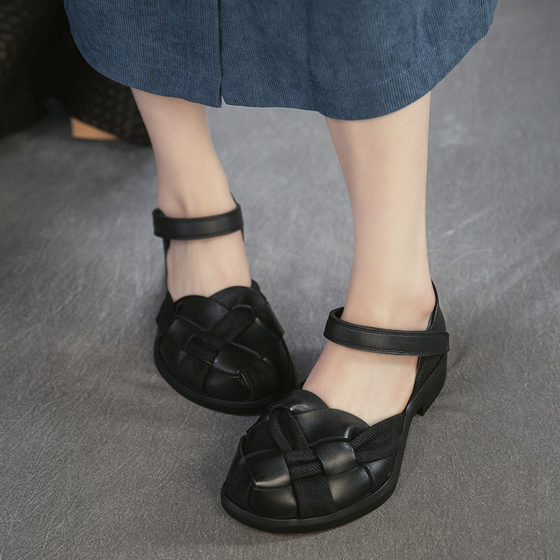 Sandales Mary Jane tissées rétro à bout fermé en cuir avec velcro pour femmes en noir/marron
