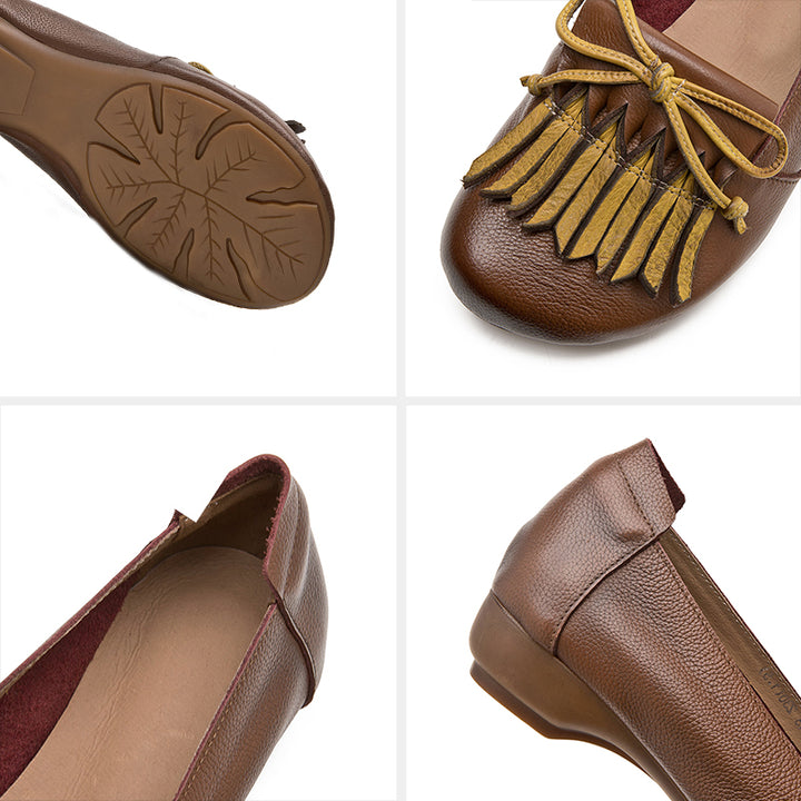 Mocassins à franges rétro en cuir coloré avec nœud pour femmes en café/gris