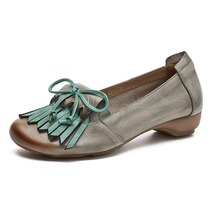 Mocassins à franges rétro en cuir coloré avec nœud pour femmes en café/gris