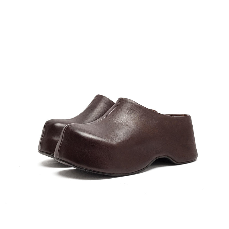 Mules en cuir rétro à talon chunky faites à la main, mules à plateforme pour femmes en noir/café