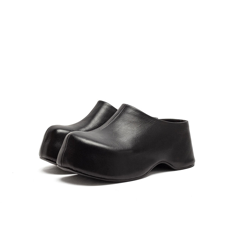 Mules en cuir rétro à talon chunky faites à la main, mules à plateforme pour femmes en noir/café