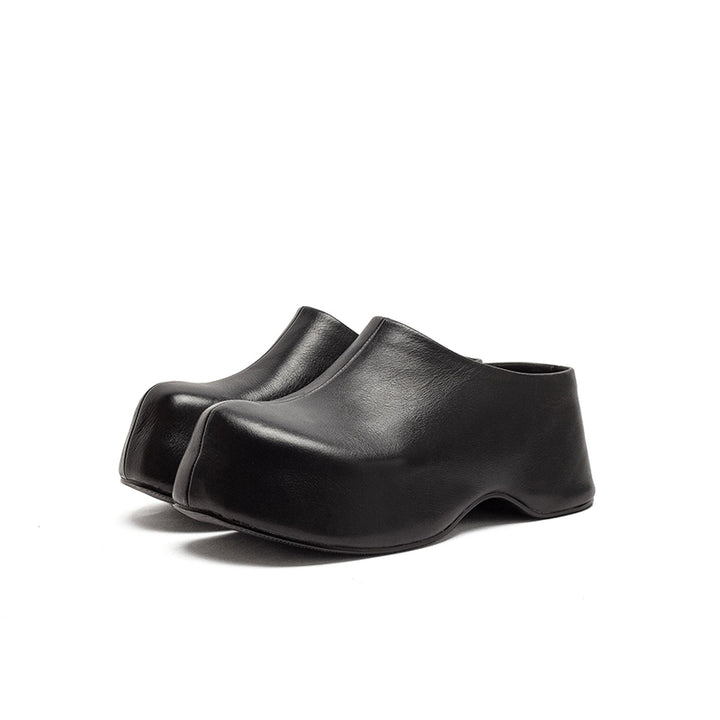 Mules en cuir rétro à talon chunky faites à la main, mules à plateforme pour femmes en noir/café