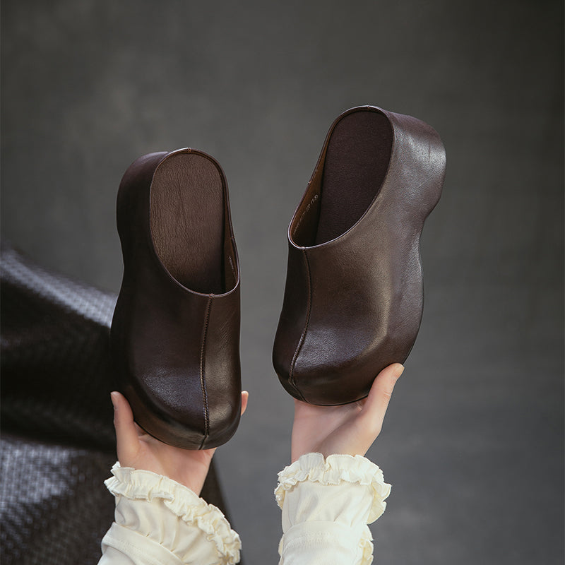 Mules en cuir rétro à talon chunky faites à la main, mules à plateforme pour femmes en noir/café