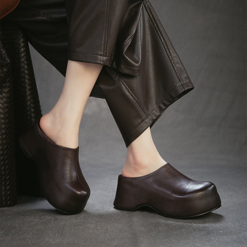 Mules en cuir rétro à talon chunky faites à la main, mules à plateforme pour femmes en noir/café