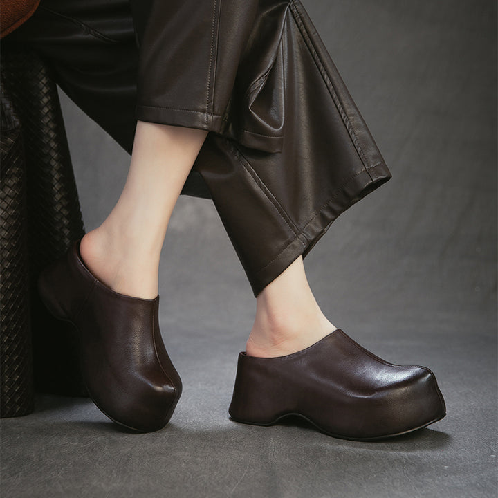 Mules en cuir rétro à talon chunky faites à la main, mules à plateforme pour femmes en noir/café