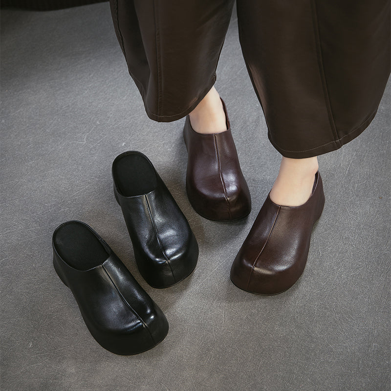 Mules en cuir rétro à talon chunky faites à la main, mules à plateforme pour femmes en noir/café