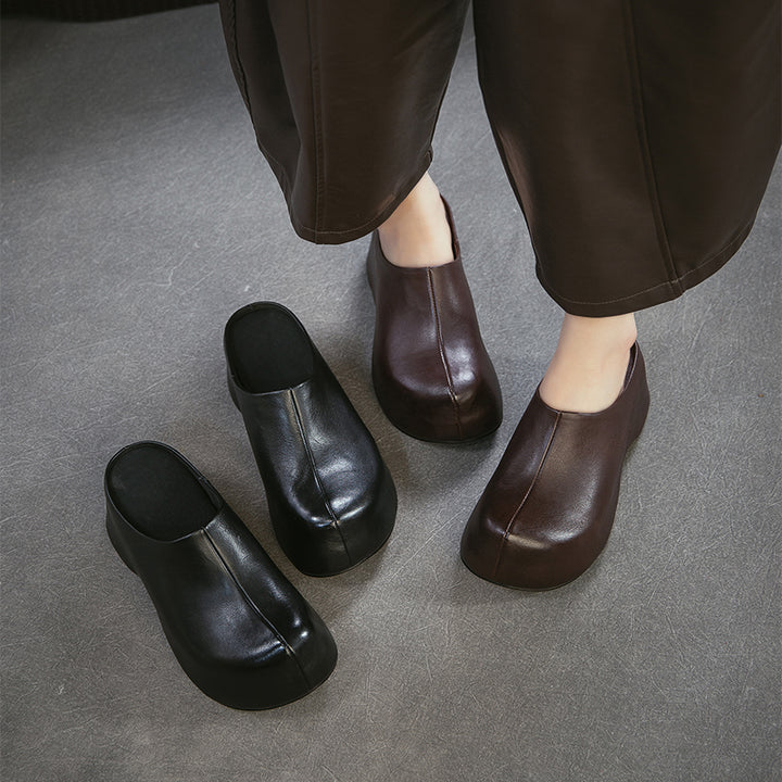Mules en cuir rétro à talon chunky faites à la main, mules à plateforme pour femmes en noir/café
