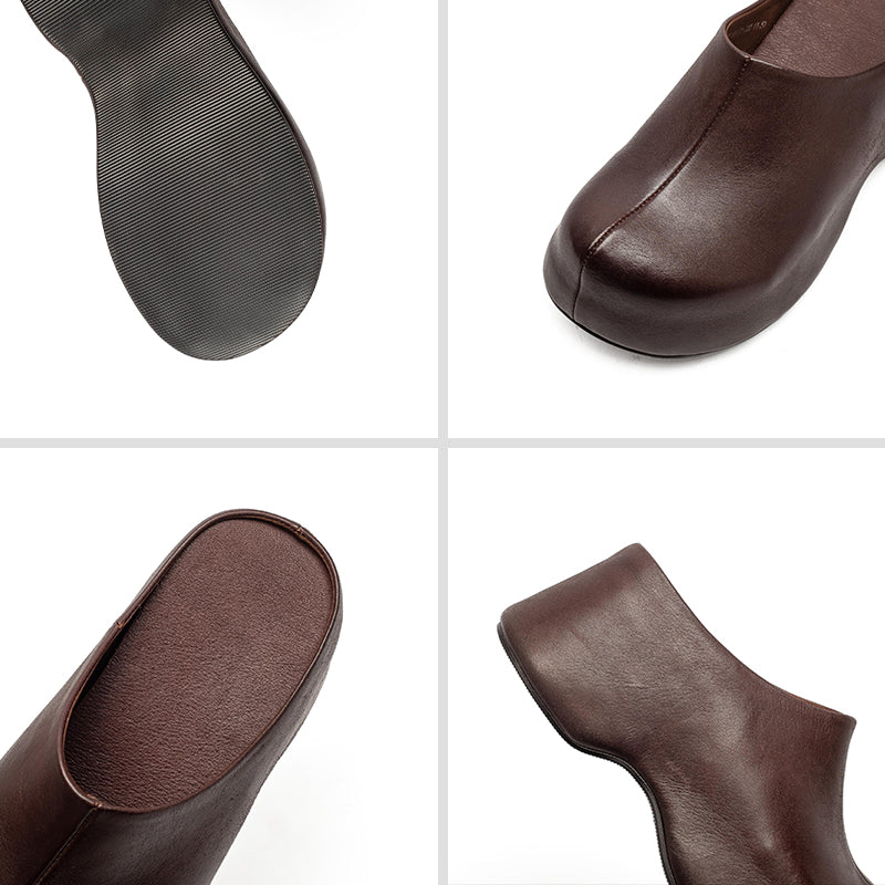 Mules en cuir rétro à talon chunky faites à la main, mules à plateforme pour femmes en noir/café