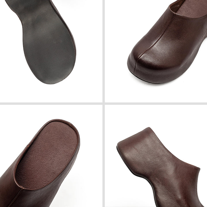 Mules en cuir rétro à talon chunky faites à la main, mules à plateforme pour femmes en noir/café