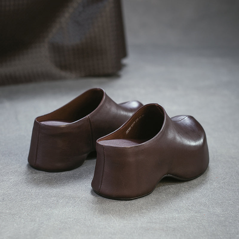 Mules en cuir rétro à talon chunky faites à la main, mules à plateforme pour femmes en noir/café