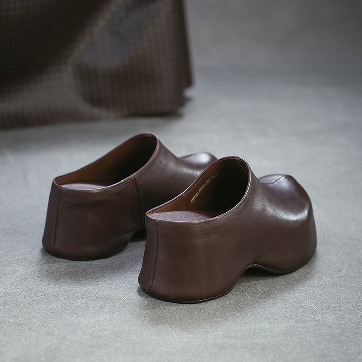 Mules en cuir rétro à talon chunky faites à la main, mules à plateforme pour femmes en noir/café