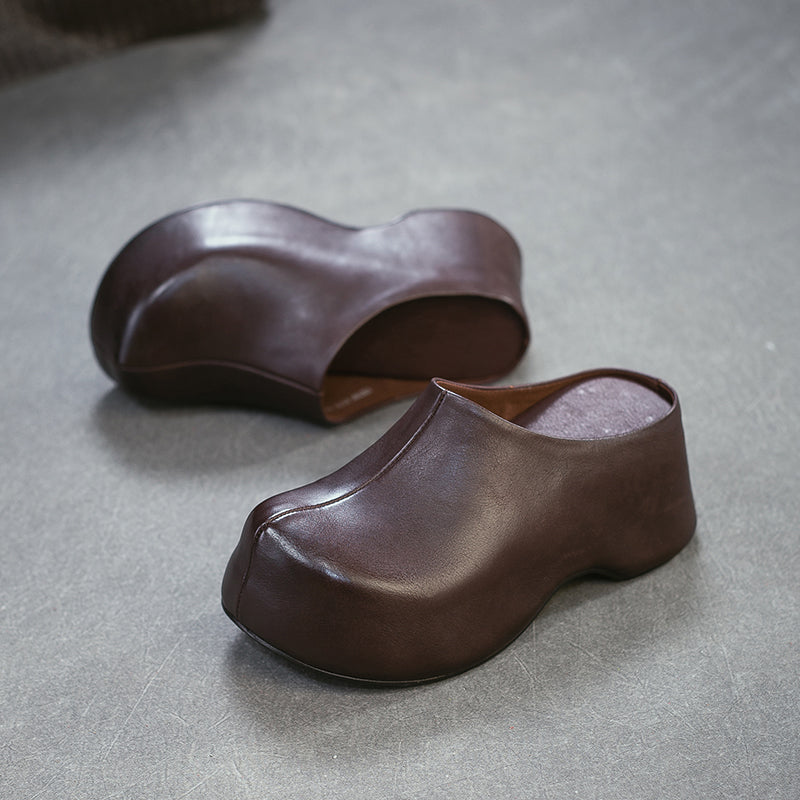 Mules en cuir rétro à talon chunky faites à la main, mules à plateforme pour femmes en noir/café