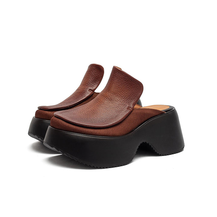 Mules en cuir faites à la main à talon chunky de 70 mm, mules à plateforme audacieuses en noir/marron