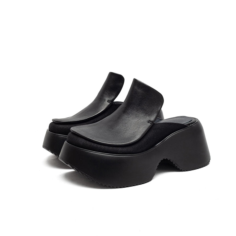 Mules en cuir faites à la main à talon chunky de 70 mm, mules à plateforme audacieuses en noir/marron