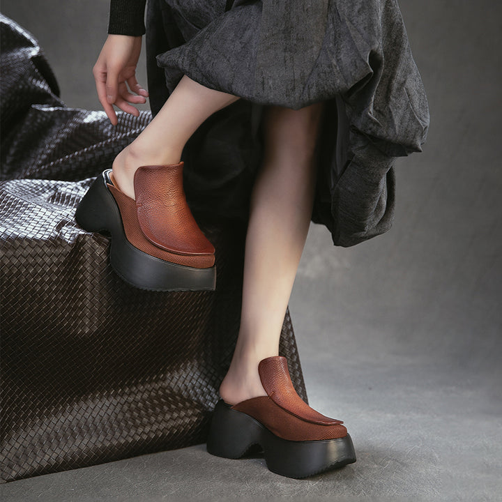 Mules en cuir faites à la main à talon chunky de 70 mm, mules à plateforme audacieuses en noir/marron