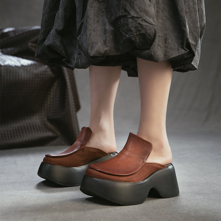 Mules en cuir faites à la main à talon chunky de 70 mm, mules à plateforme audacieuses en noir/marron