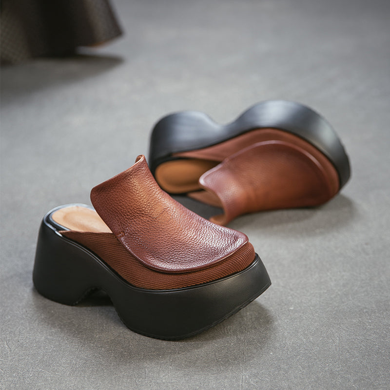 Mules en cuir faites à la main à talon chunky de 70 mm, mules à plateforme audacieuses en noir/marron