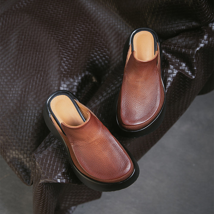 Mules en cuir faites à la main à talon chunky de 70 mm, mules à plateforme audacieuses en noir/marron