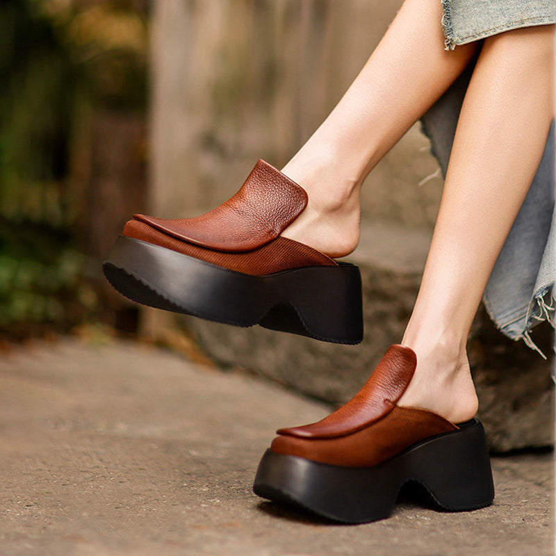 Mules en cuir faites à la main à talon chunky de 70 mm, mules à plateforme audacieuses en noir/marron