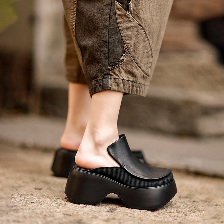 Mules en cuir faites à la main à talon chunky de 70 mm, mules à plateforme audacieuses en noir/marron