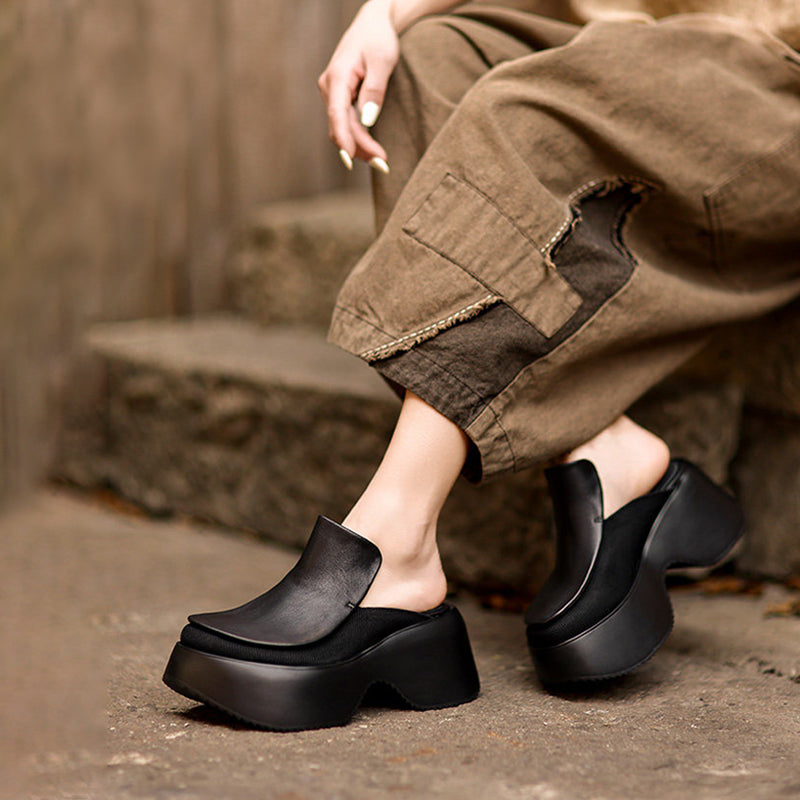 Mules en cuir faites à la main à talon chunky de 70 mm, mules à plateforme audacieuses en noir/marron