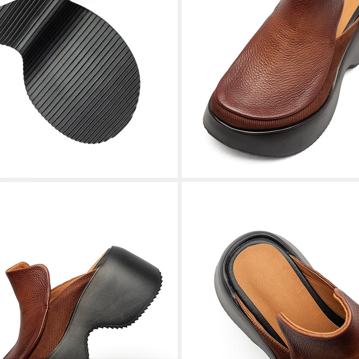 Mules en cuir faites à la main à talon chunky de 70 mm, mules à plateforme audacieuses en noir/marron