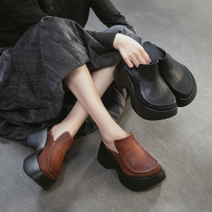 Mules en cuir faites à la main à talon chunky de 70 mm, mules à plateforme audacieuses en noir/marron