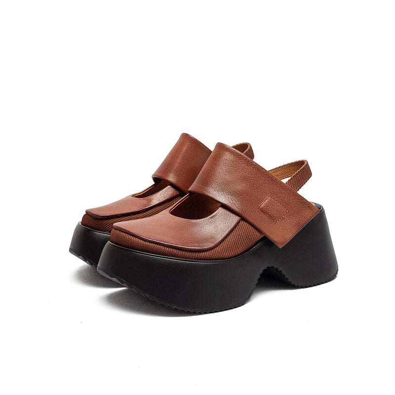 Sandales Mary Jane à plateforme rétro avec bride arrière, chaussures en cuir à talon wedge de 70 mm en noir/marron