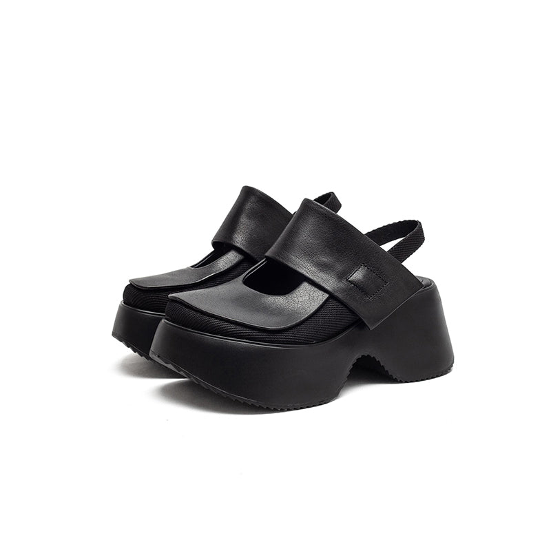 Sandales Mary Jane à plateforme rétro avec bride arrière, chaussures en cuir à talon wedge de 70 mm en noir/marron