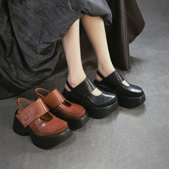 Sandales Mary Jane à plateforme rétro avec bride arrière, chaussures en cuir à talon wedge de 70 mm en noir/marron