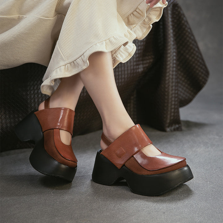 Sandales Mary Jane à plateforme rétro avec bride arrière, chaussures en cuir à talon wedge de 70 mm en noir/marron
