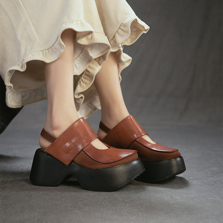 Sandales Mary Jane à plateforme rétro avec bride arrière, chaussures en cuir à talon wedge de 70 mm en noir/marron