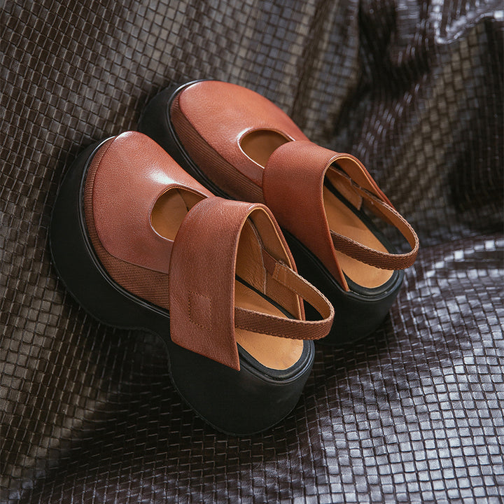 Sandales Mary Jane à plateforme rétro avec bride arrière, chaussures en cuir à talon wedge de 70 mm en noir/marron
