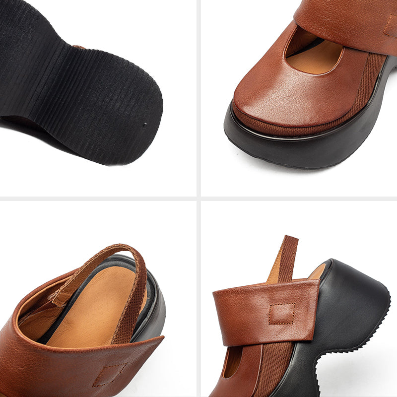 Sandales Mary Jane à plateforme rétro avec bride arrière, chaussures en cuir à talon wedge de 70 mm en noir/marron