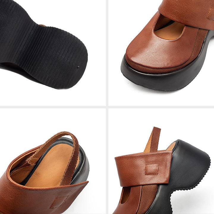 Sandales Mary Jane à plateforme rétro avec bride arrière, chaussures en cuir à talon wedge de 70 mm en noir/marron