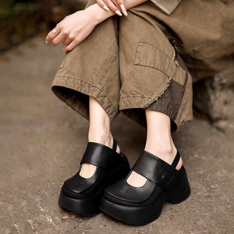 Sandales Mary Jane à plateforme rétro avec bride arrière, chaussures en cuir à talon wedge de 70 mm en noir/marron