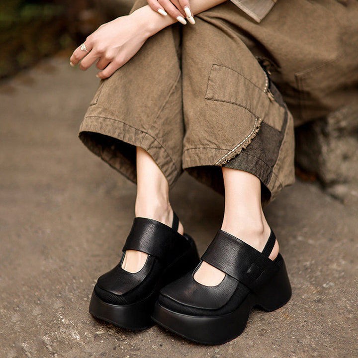 Sandales Mary Jane à plateforme rétro avec bride arrière, chaussures en cuir à talon wedge de 70 mm en noir/marron