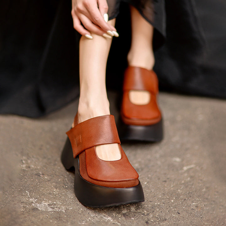 Sandales Mary Jane à plateforme rétro avec bride arrière, chaussures en cuir à talon wedge de 70 mm en noir/marron