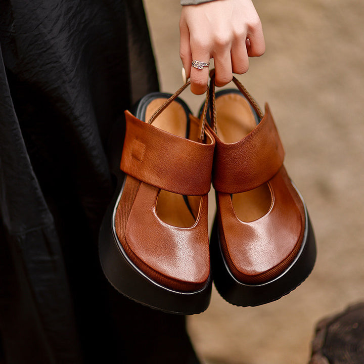 Sandales Mary Jane à plateforme rétro avec bride arrière, chaussures en cuir à talon wedge de 70 mm en noir/marron