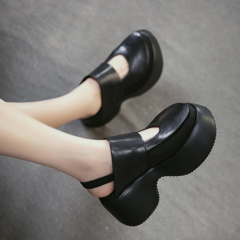 Sandales Mary Jane à plateforme rétro avec bride arrière, chaussures en cuir à talon wedge de 70 mm en noir/marron