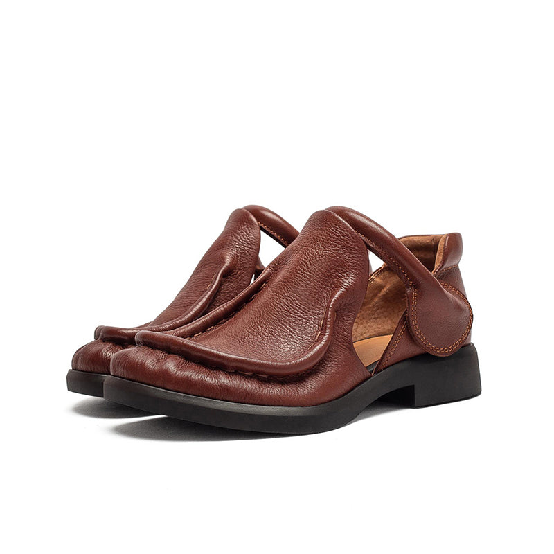 Chaussures Mary Jane en cuir pleine fleur rétro pour femmes avec bande velcro en noir/marron