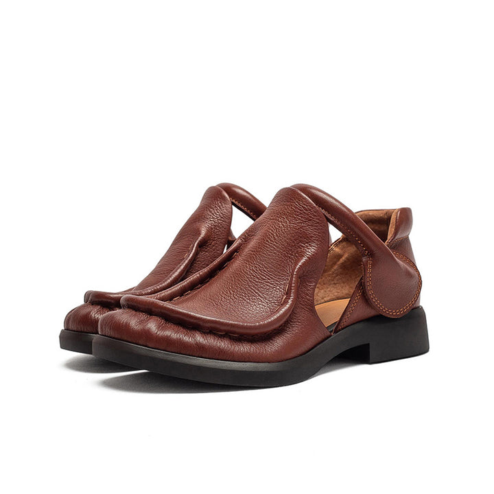 Chaussures Mary Jane en cuir pleine fleur rétro pour femmes avec bande velcro en noir/marron