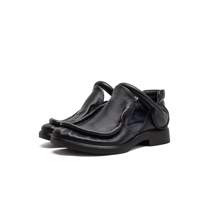 Chaussures Mary Jane en cuir pleine fleur rétro pour femmes avec bande velcro en noir/marron