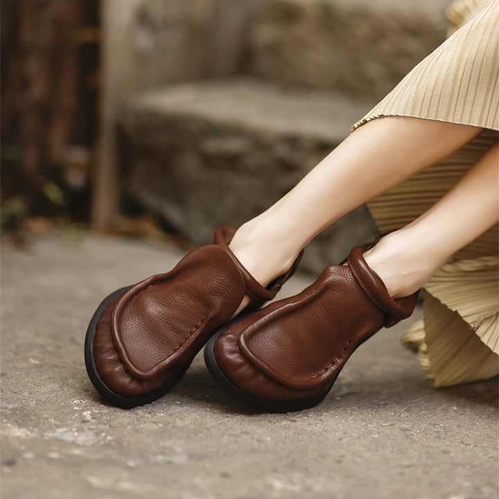 Chaussures Mary Jane en cuir pleine fleur rétro pour femmes avec bande velcro en noir/marron