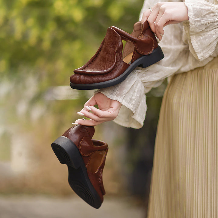 Chaussures Mary Jane en cuir pleine fleur rétro pour femmes avec bande velcro en noir/marron